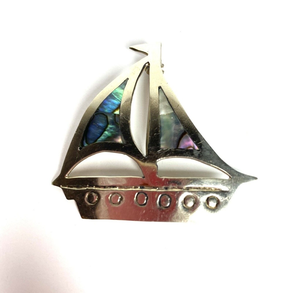 Alpaca Silver Sailboat Ship Brooch Pendant Pin Mother of Pearl Inlay Abalone